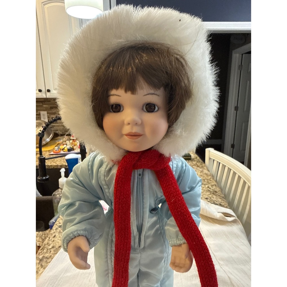 Vintage Porcelain Doll 16 inch Blue Snowsuit White Faux Fur Hood Red Scarf Stand